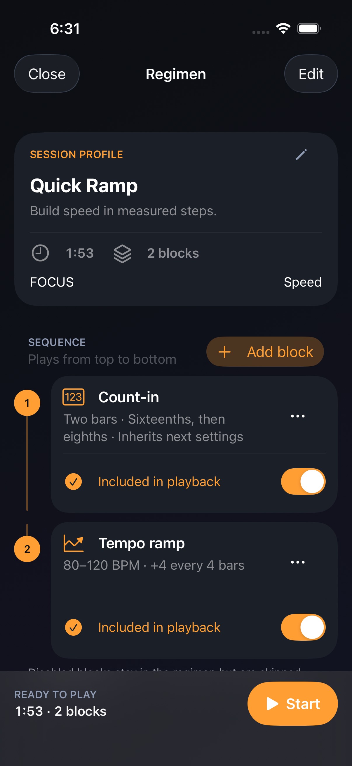Ostinova Quick Ramp practice regimen