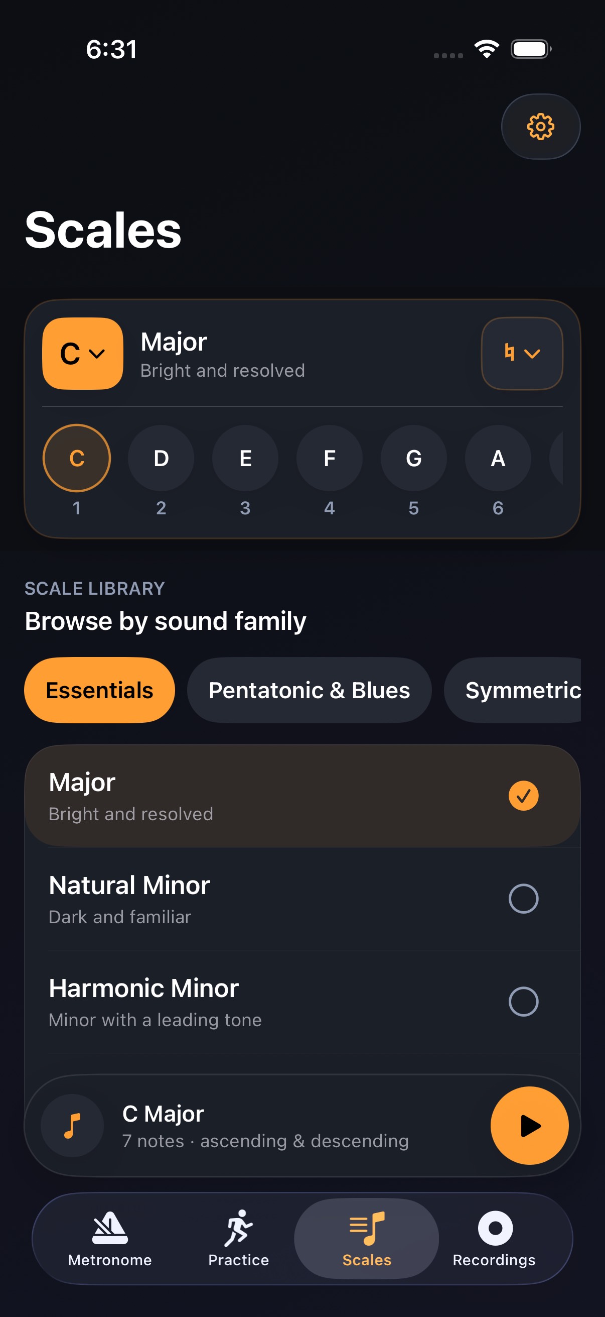 Ostinova scale library and playback controls